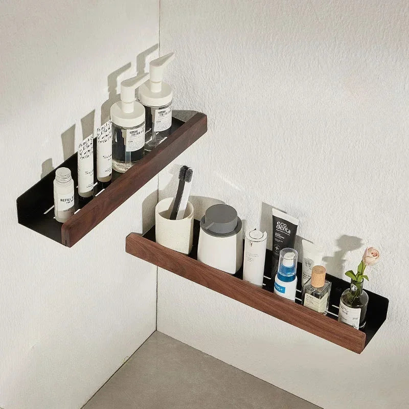 No-Punch Solid Wood Bathroom Shelf, Wall-Mounted Shower Storage Rack, Punch-Free Wooden Toilet Organizer