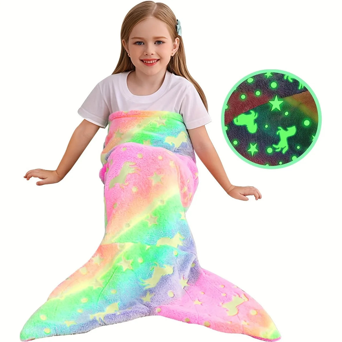 Super soft glow-in-the-dark flannel mermaid tail blanket with a cartoon rainbow unicorn design, perfect gifts for girls.