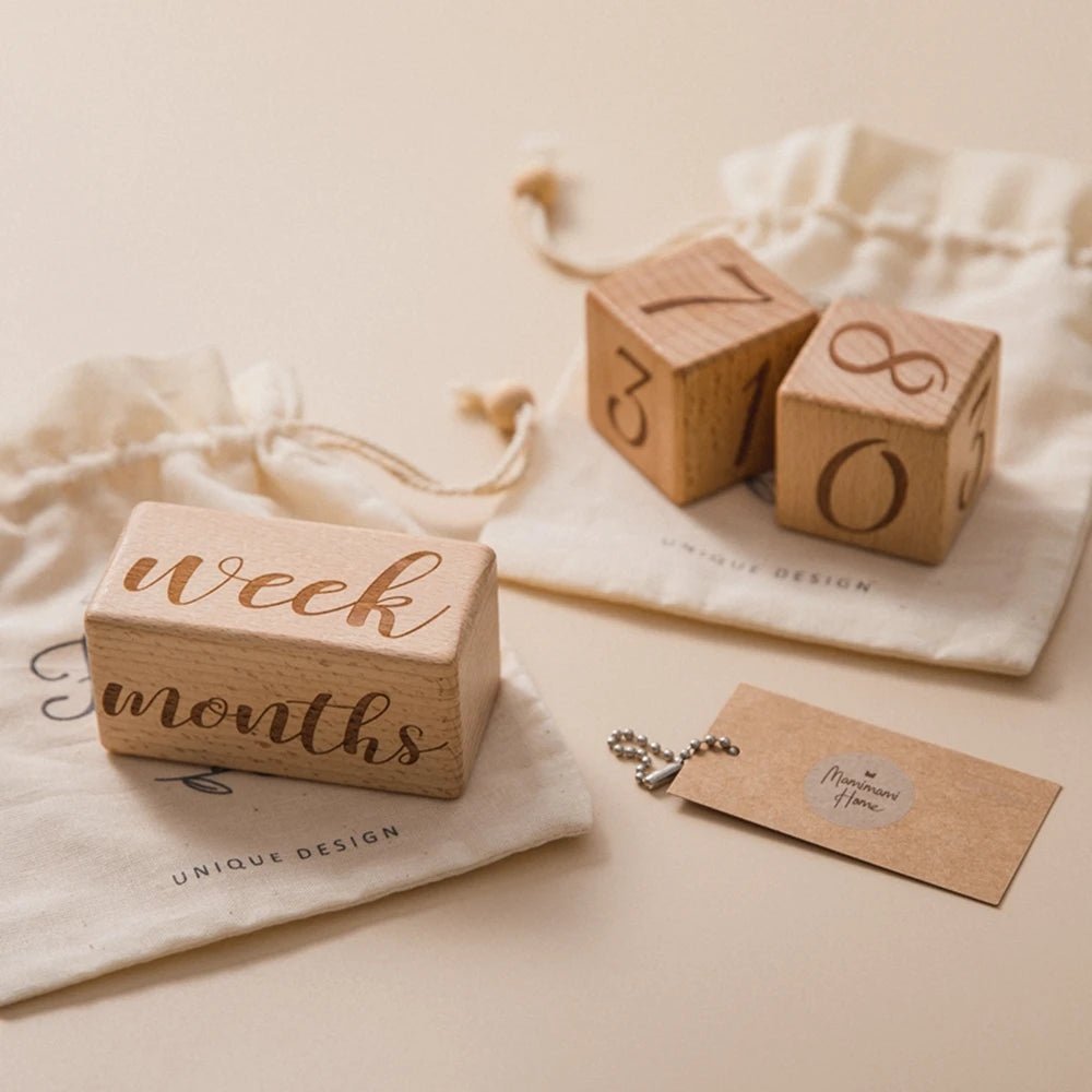 3-piece set of raw wood baby month milestone cards, featuring engraved beech block squares for newborn monthly birthday milestones, perfect as photography props.