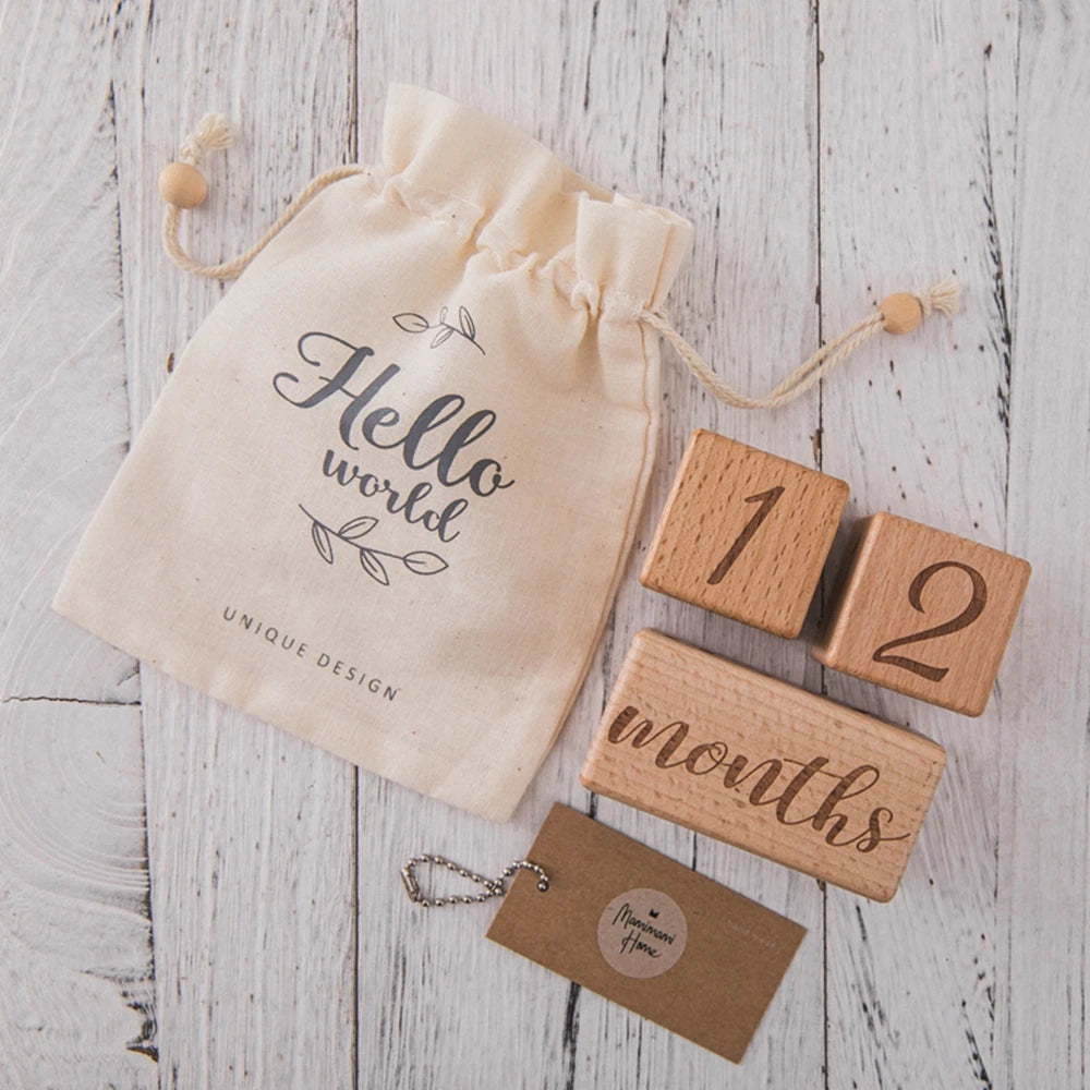 3-piece set of raw wood baby month milestone cards, featuring engraved beech block squares for newborn monthly birthday milestones, perfect as photography props.