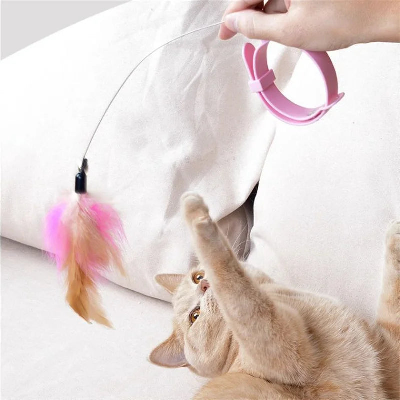 Interactive Cat Toys - Funny Feather Teaser Stick with Bell, Pet Collar, and Teaser Wand for Kitten Play and Training