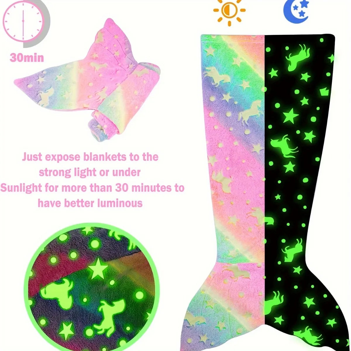 Super soft glow-in-the-dark flannel mermaid tail blanket with a cartoon rainbow unicorn design, perfect gifts for girls.