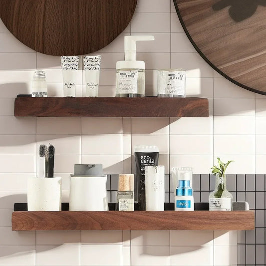 No-Punch Solid Wood Bathroom Shelf, Wall-Mounted Shower Storage Rack, Punch-Free Wooden Toilet Organizer