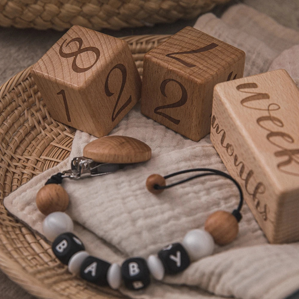 3-piece set of raw wood baby month milestone cards, featuring engraved beech block squares for newborn monthly birthday milestones, perfect as photography props.