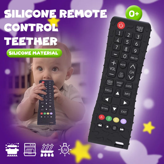 1PC silicone baby teether toy in a TV remote control shape, BPA-free, designed for teething and chewing, perfect as a sensory baby accessory.