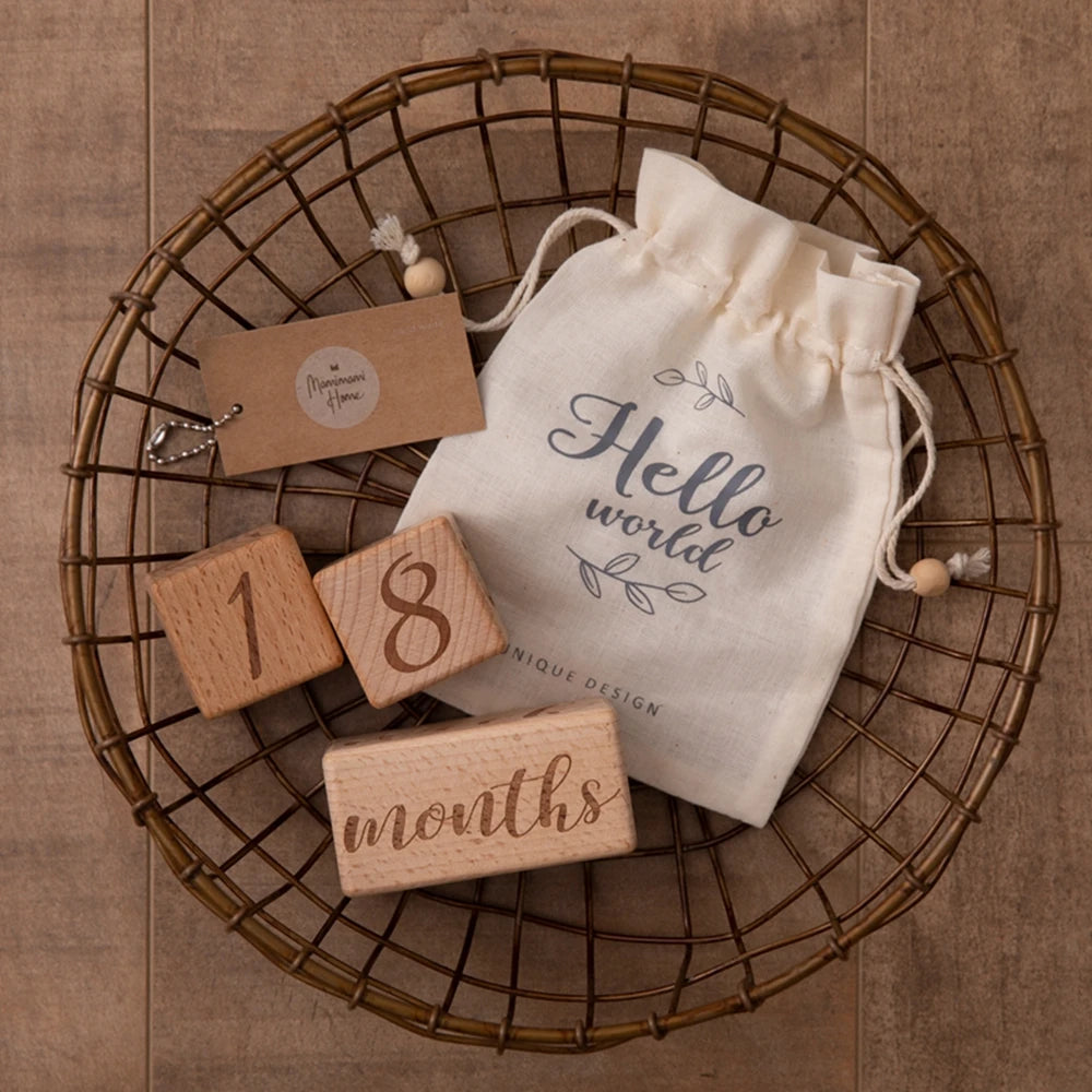 3-piece set of raw wood baby month milestone cards, featuring engraved beech block squares for newborn monthly birthday milestones, perfect as photography props.