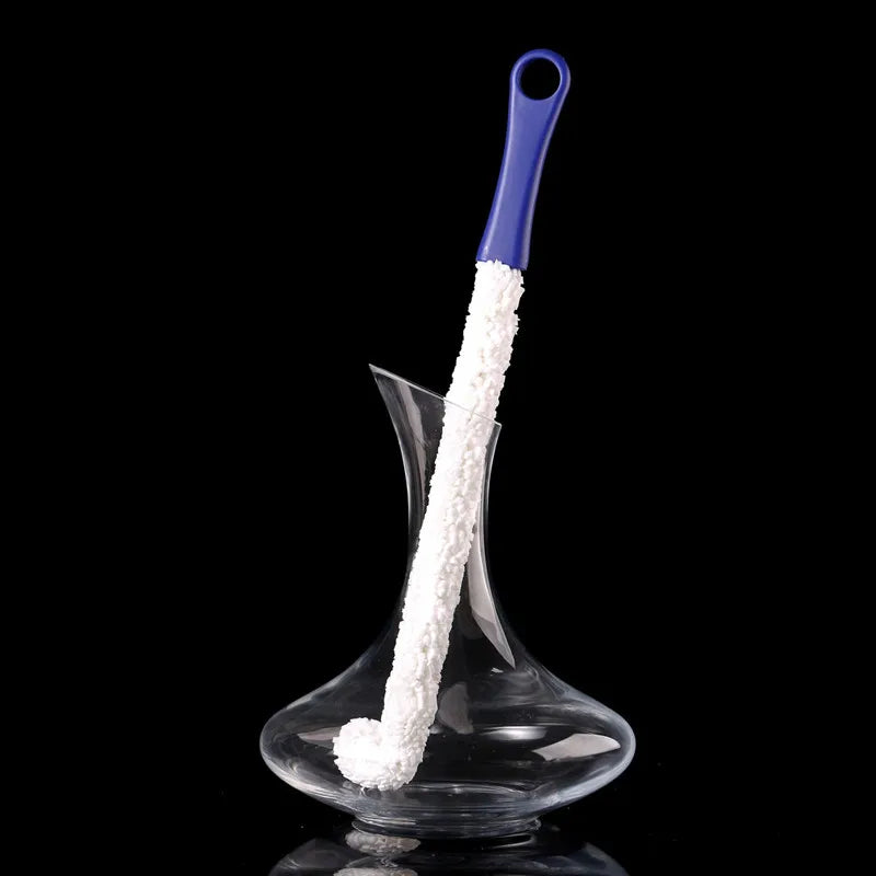 Multi-function long cleaning brush with soft foam, flexible design for cleaning bottles, decanters, and wine glasses, perfect for bar and kitchen use.