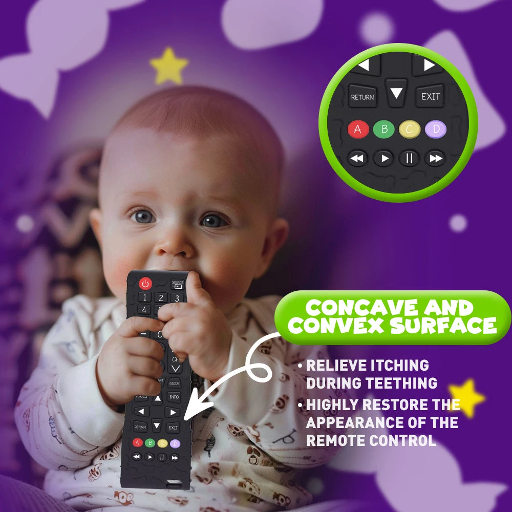 1PC silicone baby teether toy in a TV remote control shape, BPA-free, designed for teething and chewing, perfect as a sensory baby accessory.