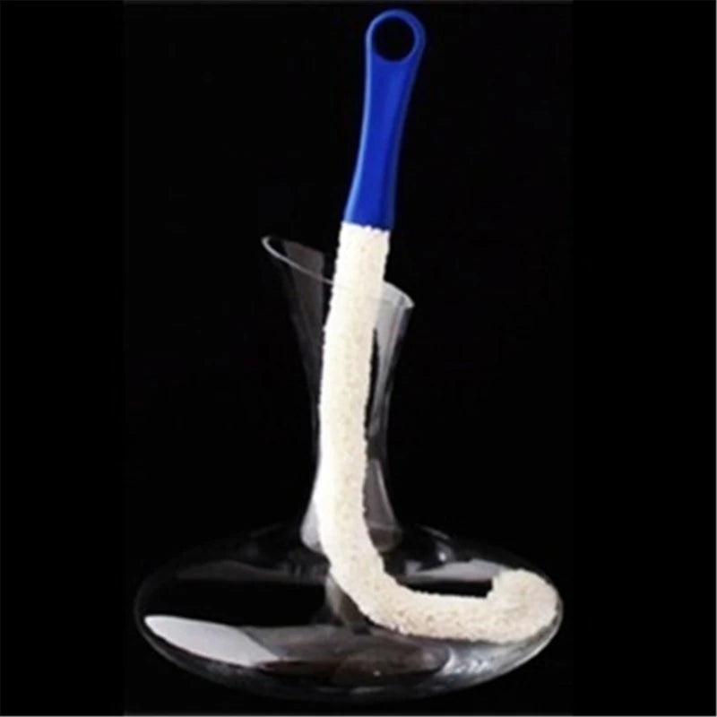 Multi-function long cleaning brush with soft foam, flexible design for cleaning bottles, decanters, and wine glasses, perfect for bar and kitchen use.