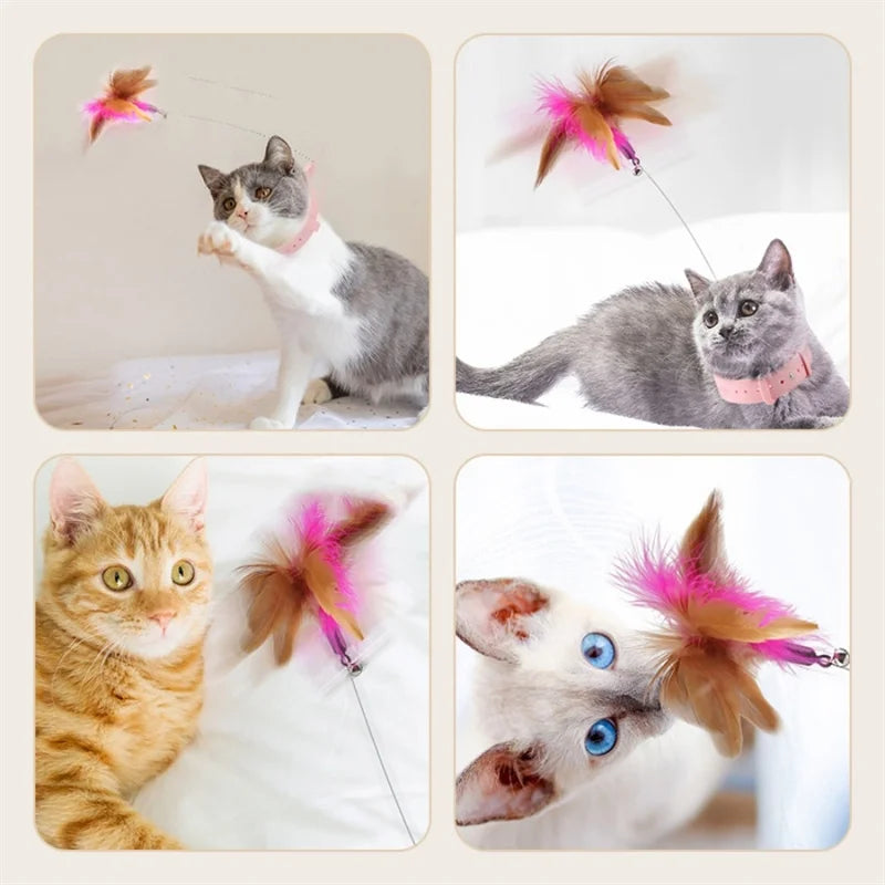 Interactive Cat Toys - Funny Feather Teaser Stick with Bell, Pet Collar, and Teaser Wand for Kitten Play and Training