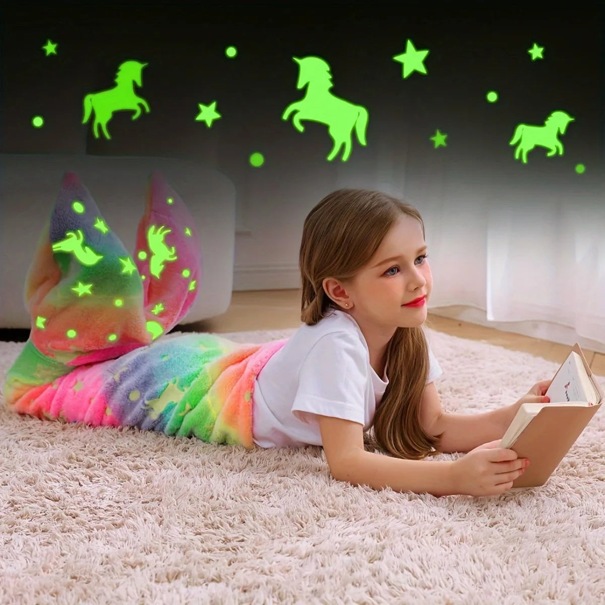 Super soft glow-in-the-dark flannel mermaid tail blanket with a cartoon rainbow unicorn design, perfect gifts for girls.