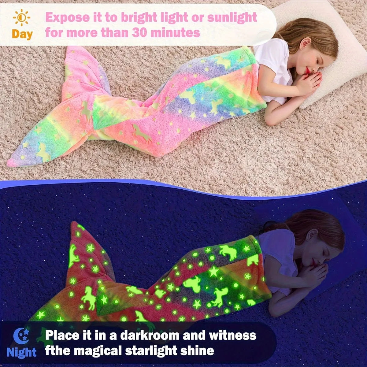 Super soft glow-in-the-dark flannel mermaid tail blanket with a cartoon rainbow unicorn design, perfect gifts for girls.