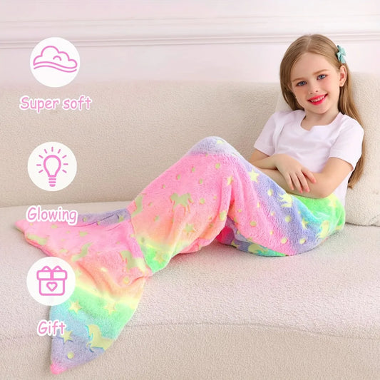 Super soft glow-in-the-dark flannel mermaid tail blanket with a cartoon rainbow unicorn design, perfect gifts for girls.