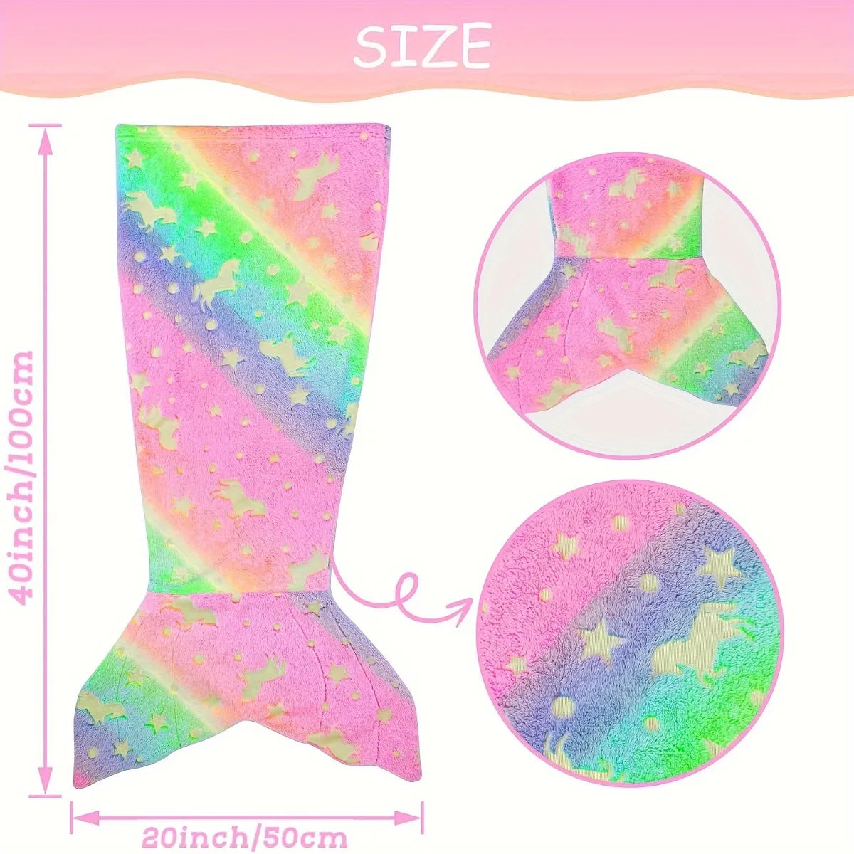 Super soft glow-in-the-dark flannel mermaid tail blanket with a cartoon rainbow unicorn design, perfect gifts for girls.